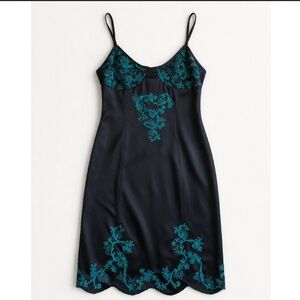 Vintage Betsey Johnson Silk Black Slip Dress Blue Embroidery Beaded Bust